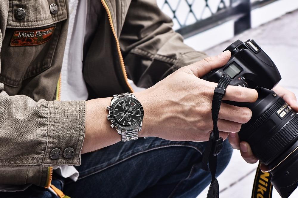 Nouvelle Montre Homme Argent Bleu Affaires Analogique Chronographe Acier Complet Luxe Décontracté Homme Étanche Sports Design Montres