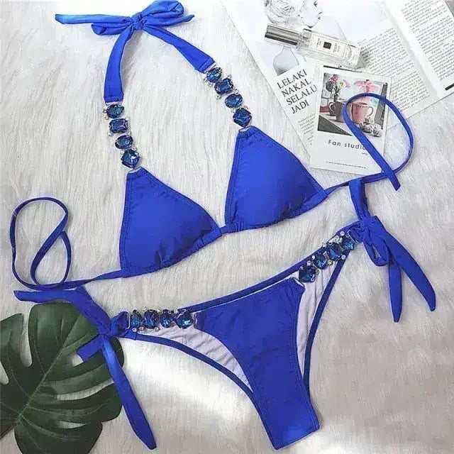 Bikini Sexy push-up Maillot de bain femme cristal Maillot de bain dos nu femme Nœud