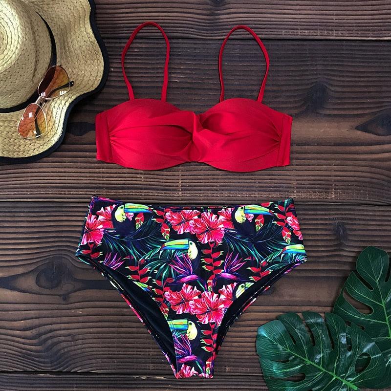 Bikini Maillot de Bain Femme Push Up Ensemble Bikini Taille Haute Maillots de Bain Deux Pièces Femme Maillot de Bain Imprimé Uni Rembourré Push-Up Maillot de Bain Volanté Beachwear
