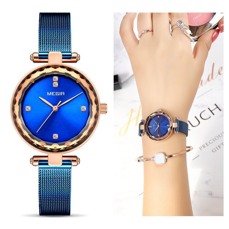 Montre de luxe pour femme, couleur or rose, analogique, design rond étincelant et élégant, bracelet en acier inoxydable.