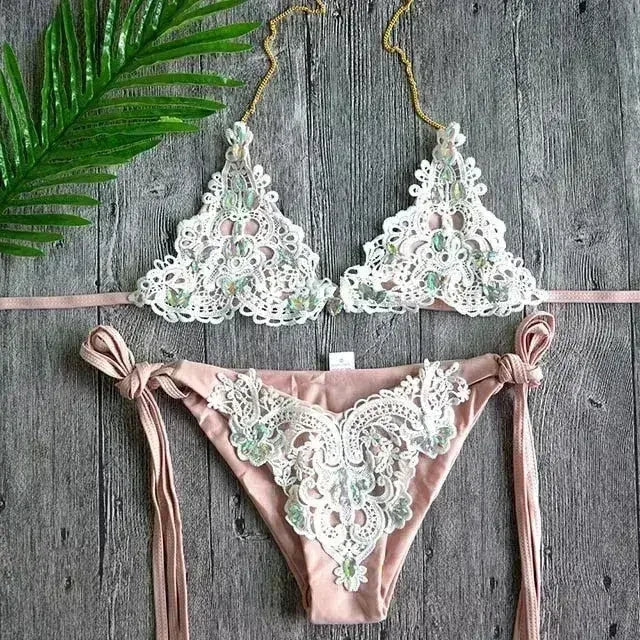 Maillot de bain deux pièces en crochet sexy, type bikini, avec dentelle pour femme