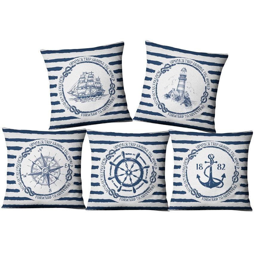 Housse de coussin en lin coquillage étoile de mer bleu marine nautique ancre bleue housse de coussin ancre bateau à voile coussin marin housse de coussin décorative pour canapé maison
