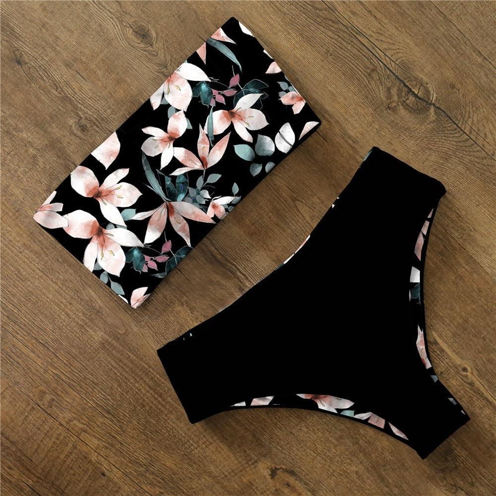 Maillot de Bain Bikini Femme Imprimé Floral Taille Haute Ensemble Bikini Bretelles Croisées Maillot de Bain Femme Tenue de Plage Maillots de Bain Bikini Femme Deux Pièces sans Bretelles