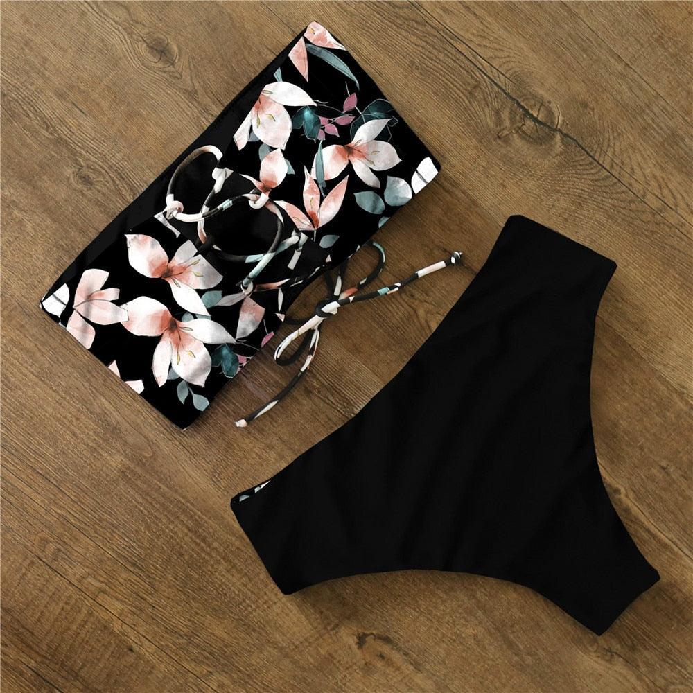 Maillot de Bain Bikini Femme Imprimé Floral Taille Haute Ensemble Bikini Bretelles Croisées Maillot de Bain Femme Tenue de Plage Maillots de Bain Bikini Femme Deux Pièces sans Bretelles