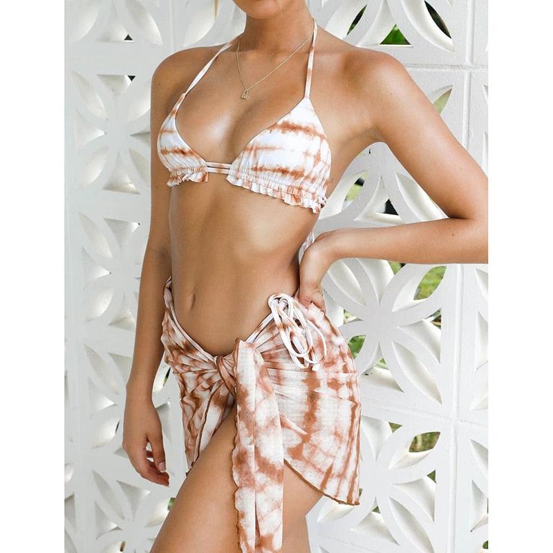 Maillot de bain push-up 3 pièces pour femme avec paréo, ensemble bikini 3 pièces tendance pour femme avec haut tie-dye, jupe paréo, maillot de bain push-up