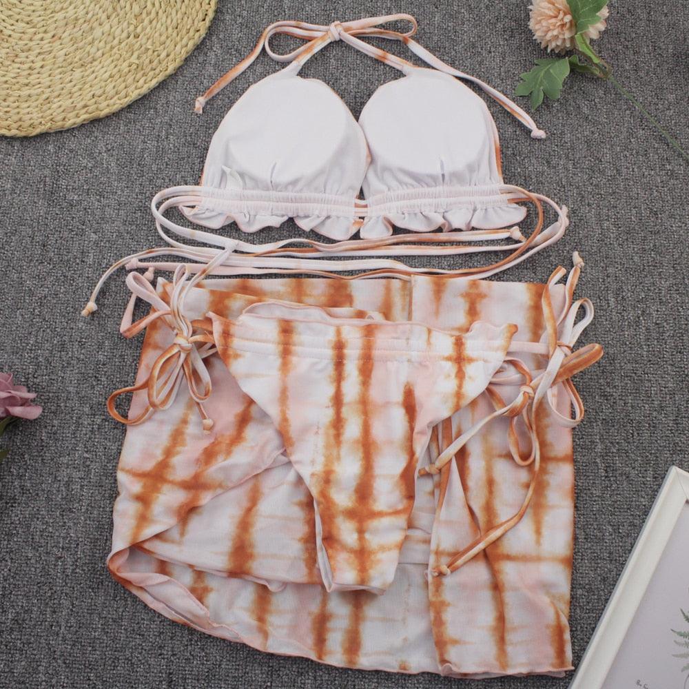 Maillot de bain push-up 3 pièces pour femme avec paréo, ensemble bikini 3 pièces tendance pour femme avec haut tie-dye, jupe paréo, maillot de bain push-up