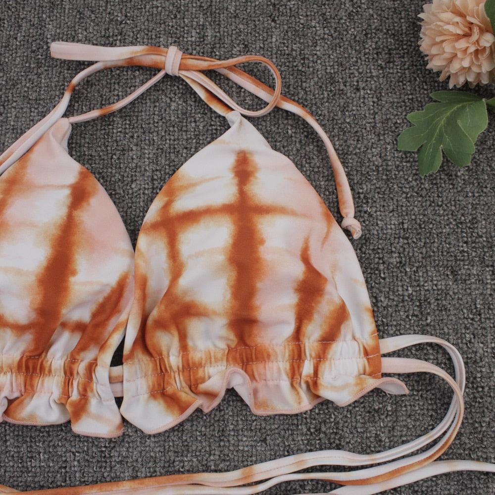 Maillot de bain push-up 3 pièces pour femme avec paréo, ensemble bikini 3 pièces tendance pour femme avec haut tie-dye, jupe paréo, maillot de bain push-up