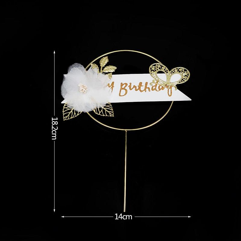 1pcs Décoration de gâteau d'anniversaire en métal Joyeux Anniversaire, Décoration de gâteau en métal et acrylique avec grappe de fleurs artificielles roses pour décoration de fête prénatale, d'anniversaire et de pâtisserie.