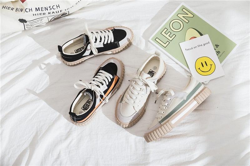 Nouvelles Baskets Décontractées en Toile pour Femme - Collection Printemps, Chaussures Plates Vulcanisées Rayées Tendance, Baskets Basses en Toile, Modèle Confortable Facile à Enfiler