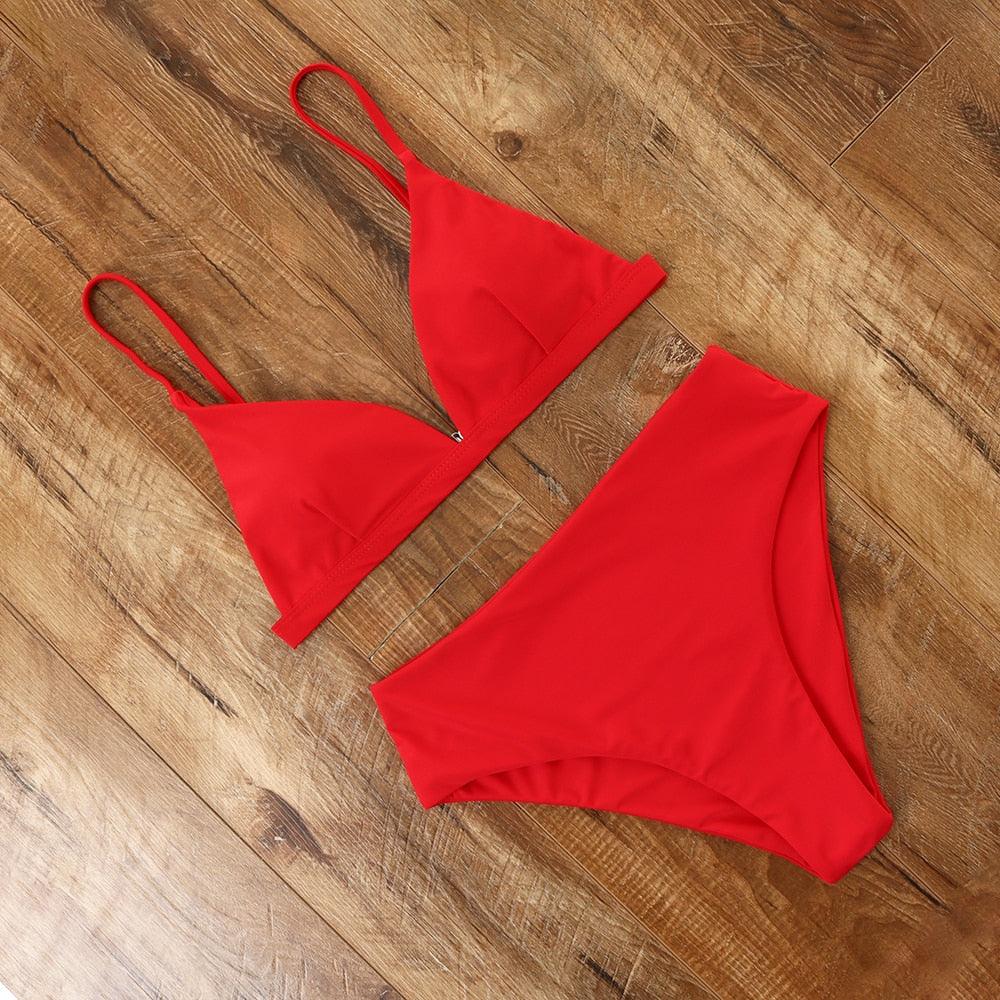 Maillot de bain bikini Femme Uni Maillot de bain bikini Set avec coussinet Taille haute Maillot de bain plage Femme Maillots de bain bikini 2 pièces Profond Col en V Maillot de bain Bretelles réglables Dos Maillots de bain