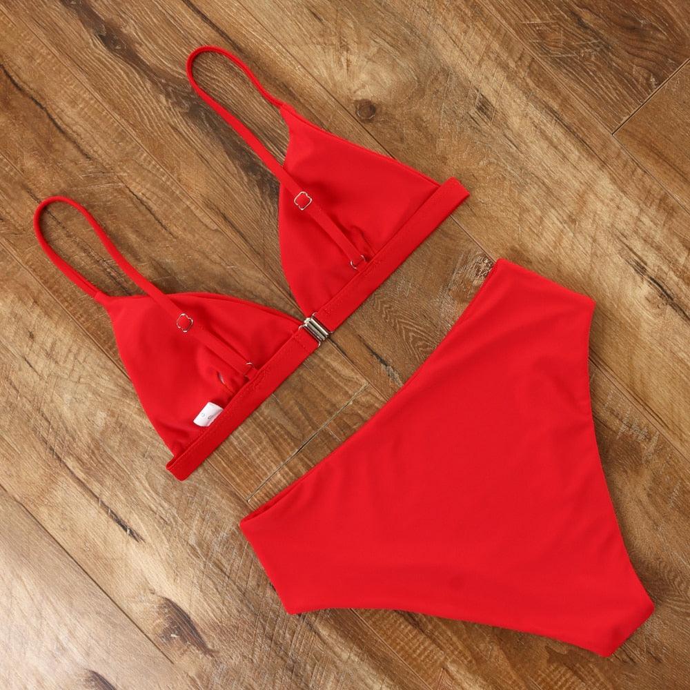 Maillot de bain bikini Femme Uni Maillot de bain bikini Set avec coussinet Taille haute Maillot de bain plage Femme Maillots de bain bikini 2 pièces Profond Col en V Maillot de bain Bretelles réglables Dos Maillots de bain