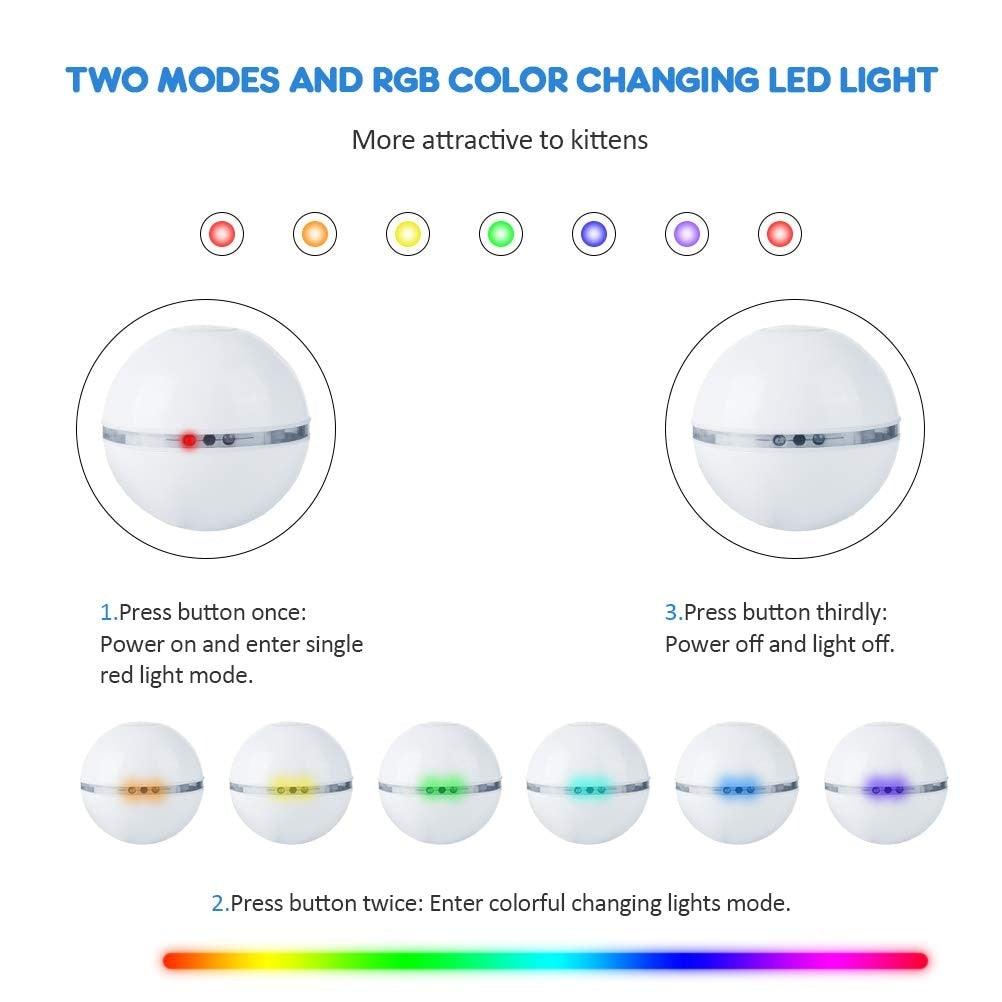 Jouets intelligents automatiques pour chats, balle interactive à herbe à chat, rechargeable par USB, auto-rotative, LED colorée, plume, clochettes pour chats et chatons, lumière LED tournante intégrée stimulant l'instinct de chasse.