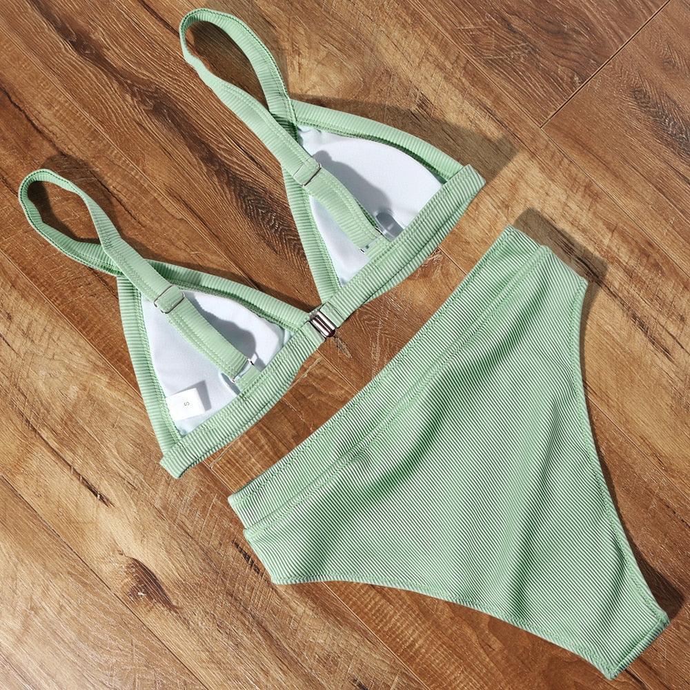 Maillot de bain bikini Femme Uni Maillot de bain bikini Set avec coussinet Taille haute Maillot de bain plage Femme Maillots de bain bikini 2 pièces Profond Col en V Maillot de bain Bretelles réglables Dos Maillots de bain