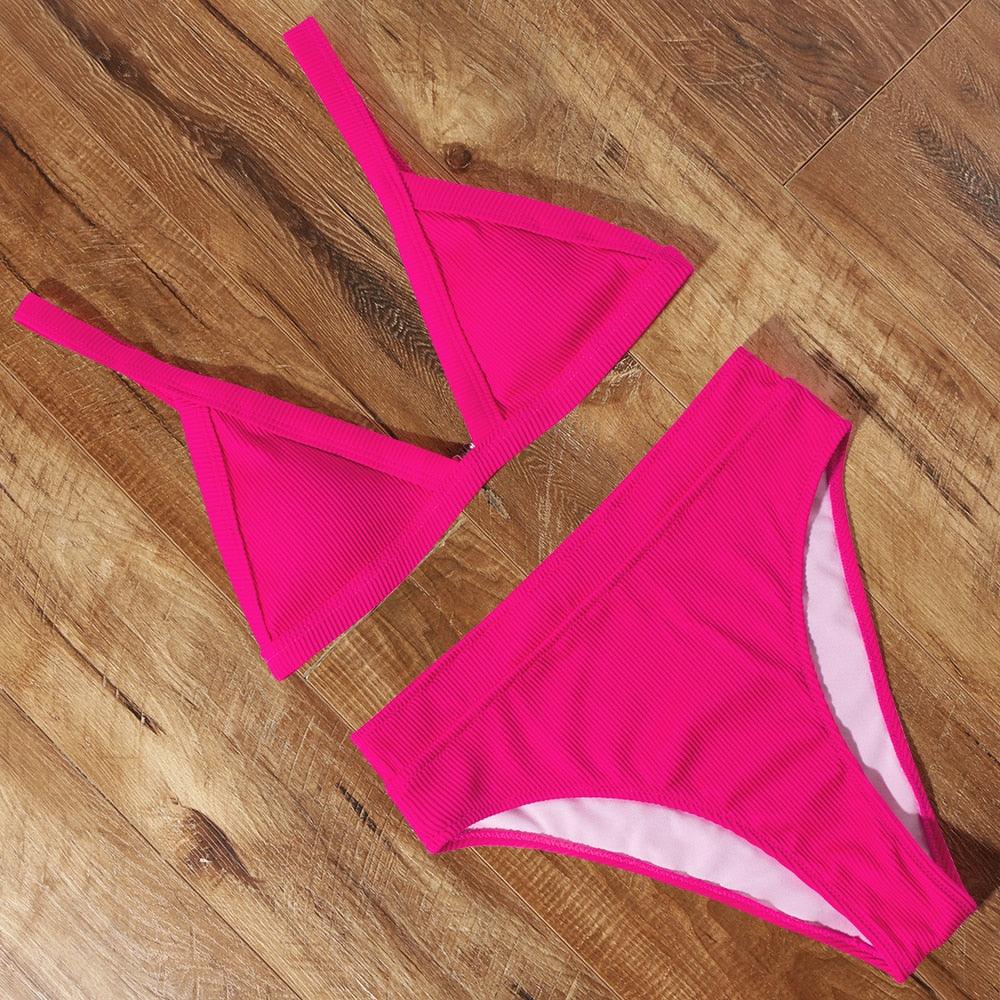Maillot de bain bikini Femme Uni Maillot de bain bikini Set avec coussinet Taille haute Maillot de bain plage Femme Maillots de bain bikini 2 pièces Profond Col en V Maillot de bain Bretelles réglables Dos Maillots de bain