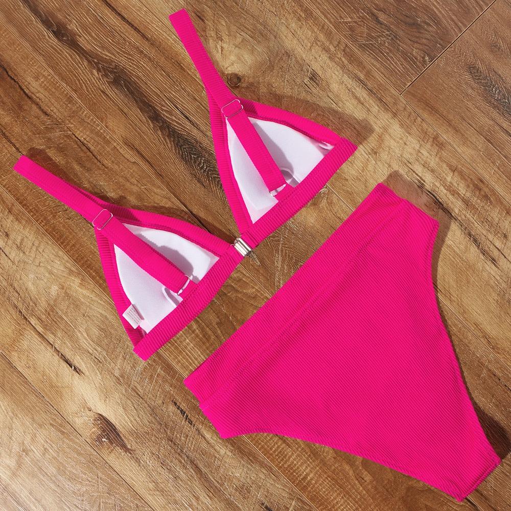 Maillot de bain bikini Femme Uni Maillot de bain bikini Set avec coussinet Taille haute Maillot de bain plage Femme Maillots de bain bikini 2 pièces Profond Col en V Maillot de bain Bretelles réglables Dos Maillots de bain