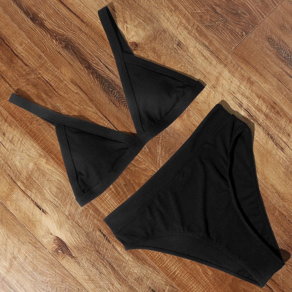 Maillot de bain bikini Femme Uni Maillot de bain bikini Set avec coussinet Taille haute Maillot de bain plage Femme Maillots de bain bikini 2 pièces Profond Col en V Maillot de bain Bretelles réglables Dos Maillots de bain