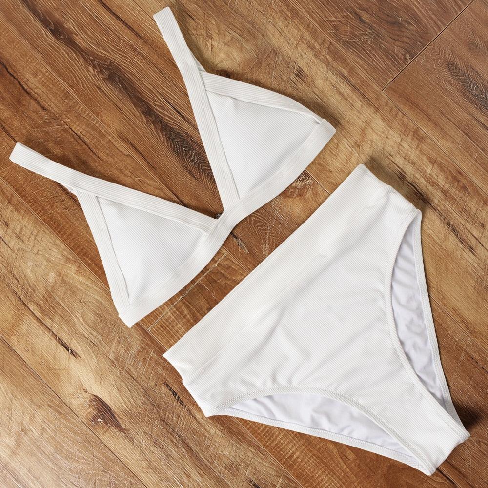 Maillot de bain bikini Femme Uni Maillot de bain bikini Set avec coussinet Taille haute Maillot de bain plage Femme Maillots de bain bikini 2 pièces Profond Col en V Maillot de bain Bretelles réglables Dos Maillots de bain
