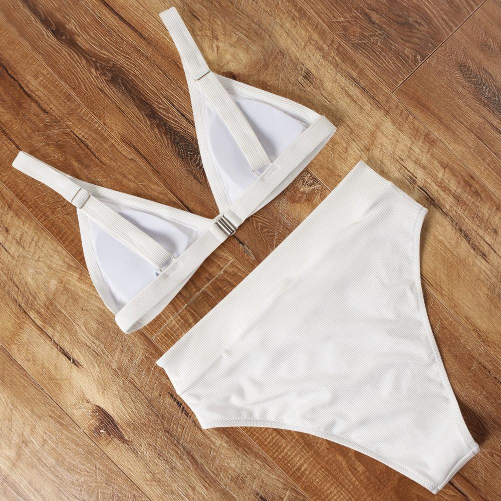 Maillot de bain bikini Femme Uni Maillot de bain bikini Set avec coussinet Taille haute Maillot de bain plage Femme Maillots de bain bikini 2 pièces Profond Col en V Maillot de bain Bretelles réglables Dos Maillots de bain