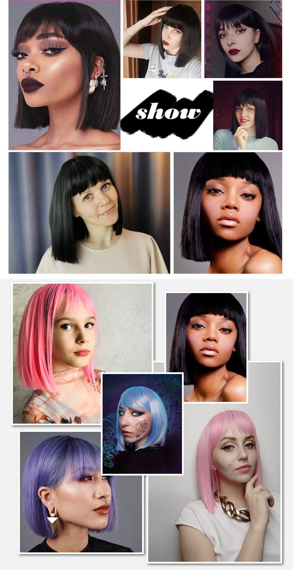 Perruques synthétiques courtes Glorious, perruques bob noires/roses avec frange pour femmes, perruques en fibre résistante à la chaleur, perruques brésiliennes pour femmes noires, perruques de cosplay pour femmes