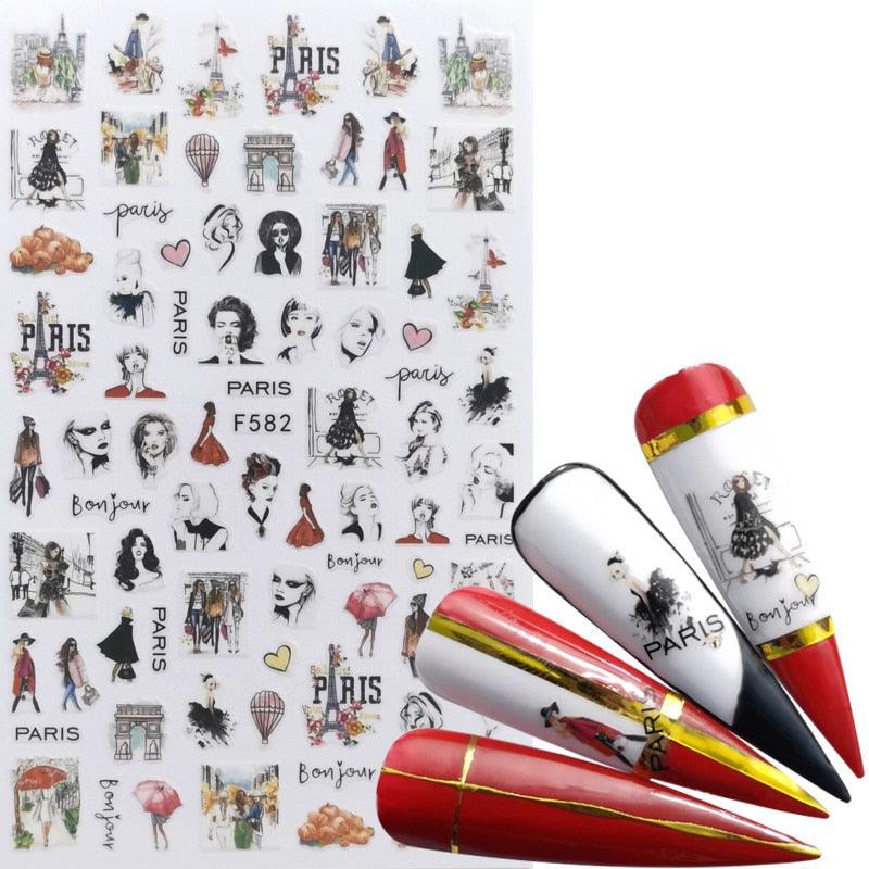 Décorations d'ongles 3D autocollantes avec motif flamant rose, lettre russe noire, décalcomanies, accessoires de manucure, décalcomanies holographiques, autocollants adhésifs pour ongles, fournitures d'ongles 3D, transfert, autocollants pour manucure