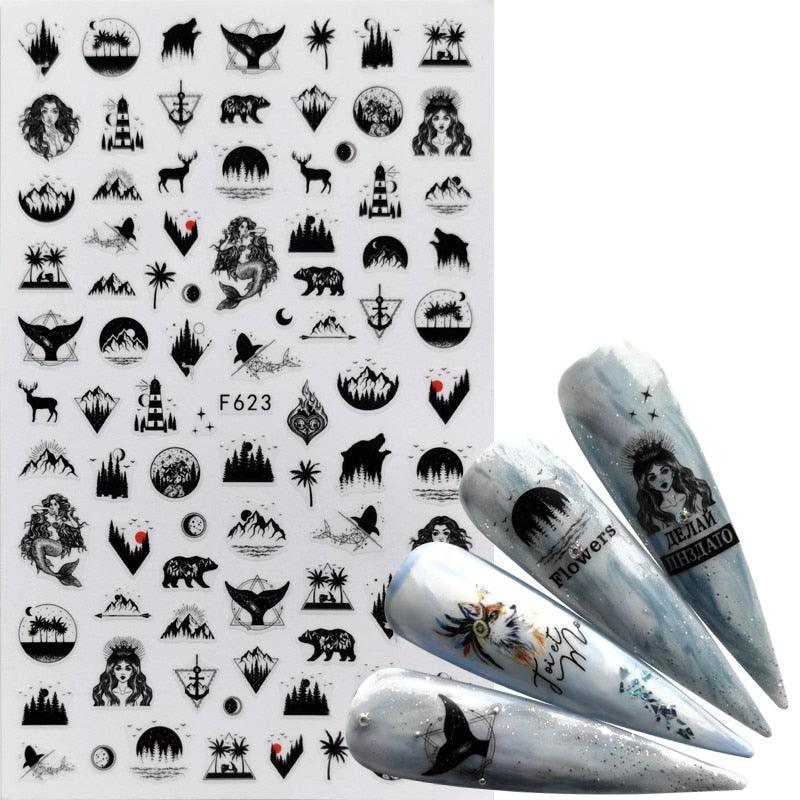 Décorations d'ongles 3D autocollantes avec motif flamant rose, lettre russe noire, décalcomanies, accessoires de manucure, décalcomanies holographiques, autocollants adhésifs pour ongles, fournitures d'ongles 3D, transfert, autocollants pour manucure