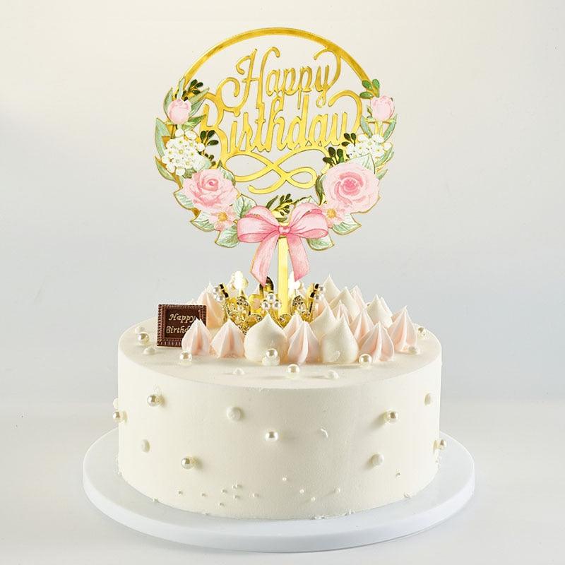 1pcs Décoration de gâteau d'anniversaire en métal Joyeux Anniversaire, Décoration de gâteau en métal et acrylique avec grappe de fleurs artificielles roses pour décoration de fête prénatale, d'anniversaire et de pâtisserie.