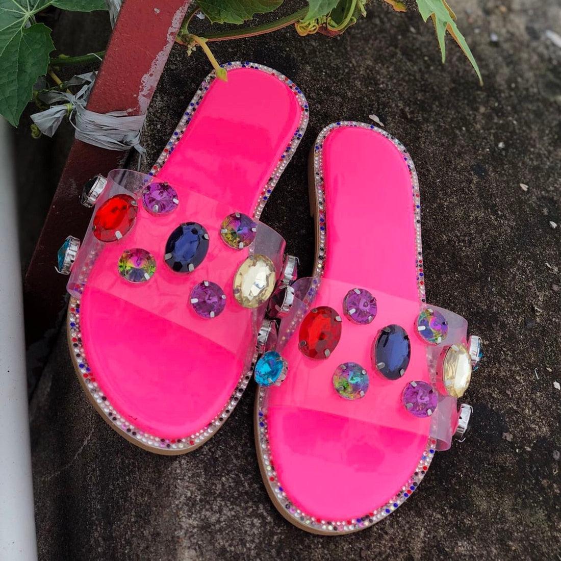 Sandales à enfiler pour femme, tongs, chaussures, mules, strass, sandales plates, diamants, bout ouvert, tongs plates avec strass transparents, tongs décontractées à enfiler pour soirée