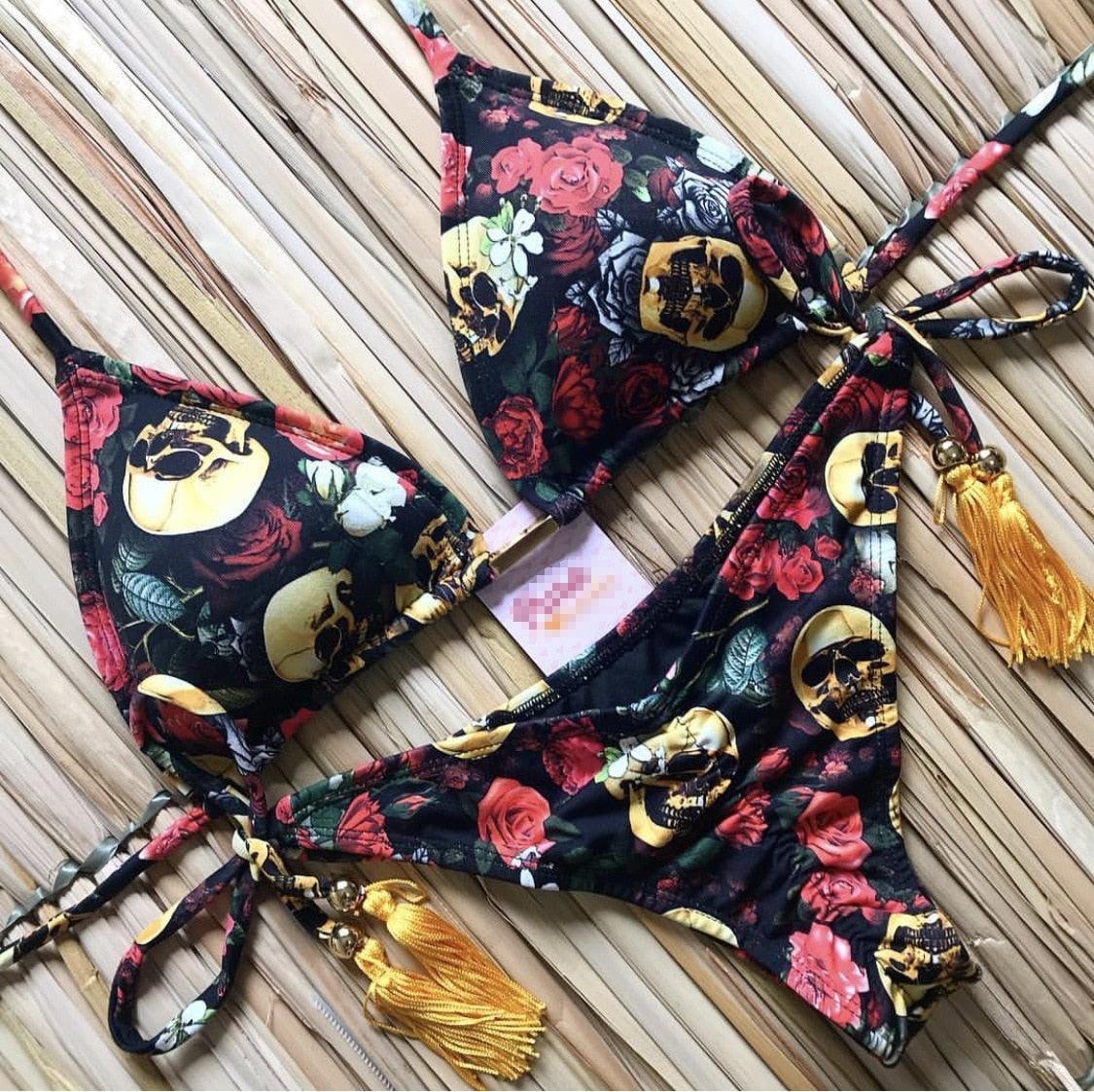 Maillot de bain deux pièces populaire pour femme - ensemble bikini push-up rembourré - ensemble bikini floral - maillot de bain deux pièces à volants taille basse - maillot de bain push-up