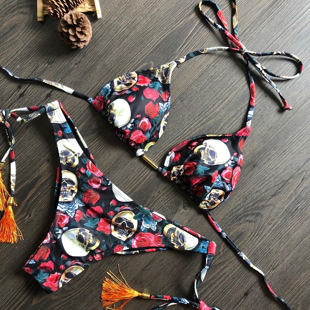 Maillot de bain deux pièces populaire pour femme - ensemble bikini push-up rembourré - ensemble bikini floral - maillot de bain deux pièces à volants taille basse - maillot de bain push-up