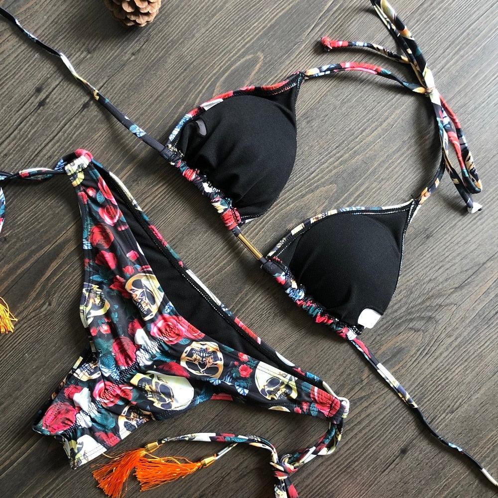 Maillot de bain deux pièces populaire pour femme - ensemble bikini push-up rembourré - ensemble bikini floral - maillot de bain deux pièces à volants taille basse - maillot de bain push-up