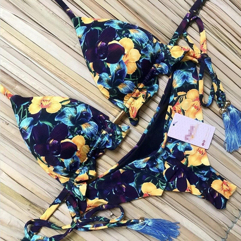 Maillot de bain deux pièces populaire pour femme - ensemble bikini push-up rembourré - ensemble bikini floral - maillot de bain deux pièces à volants taille basse - maillot de bain push-up