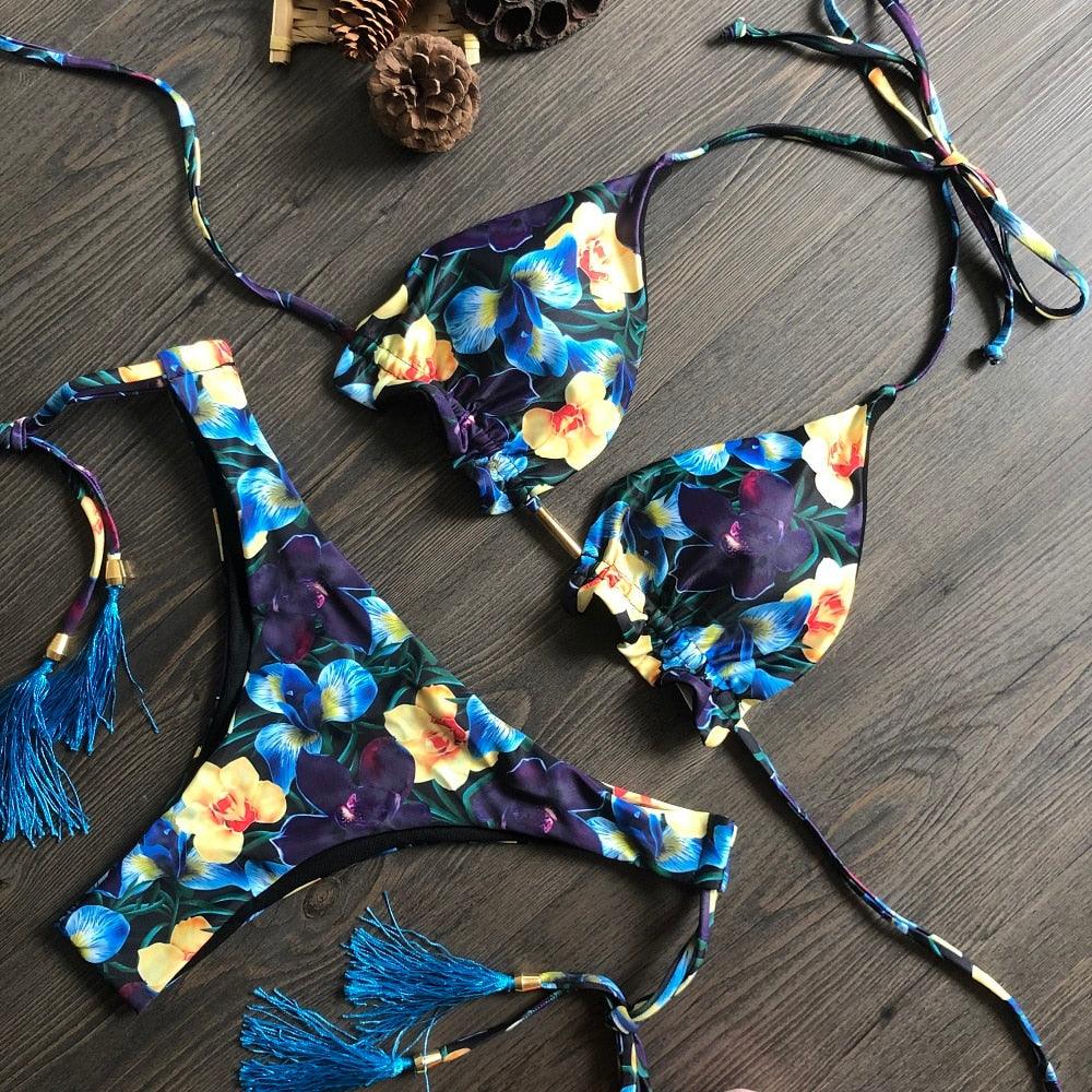 Maillot de bain deux pièces populaire pour femme - ensemble bikini push-up rembourré - ensemble bikini floral - maillot de bain deux pièces à volants taille basse - maillot de bain push-up