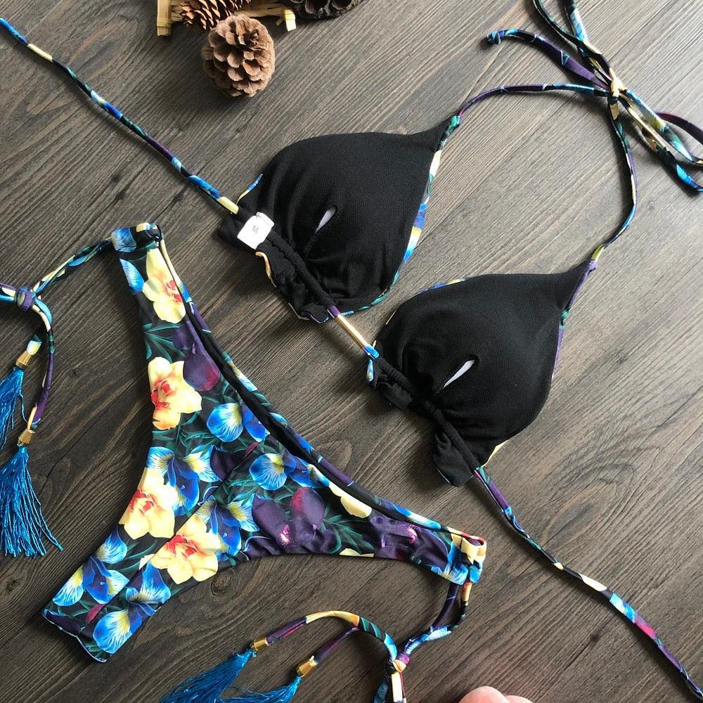 Maillot de bain deux pièces populaire pour femme - ensemble bikini push-up rembourré - ensemble bikini floral - maillot de bain deux pièces à volants taille basse - maillot de bain push-up