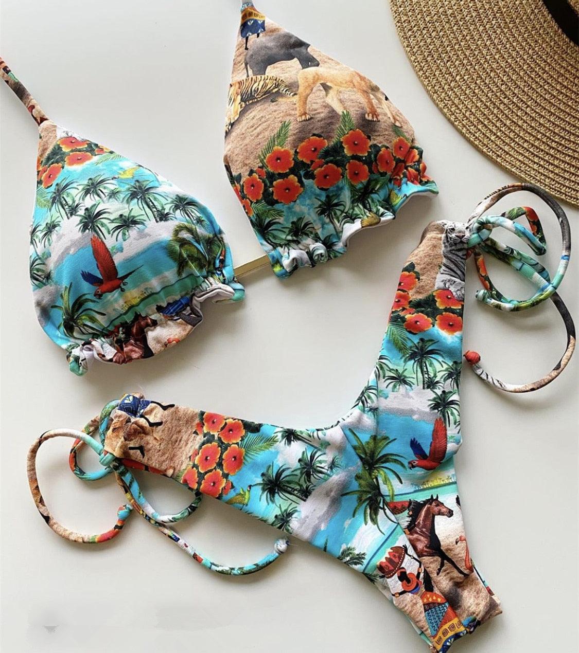 Maillot de bain deux pièces populaire pour femme - ensemble bikini push-up rembourré - ensemble bikini floral - maillot de bain deux pièces à volants taille basse - maillot de bain push-up