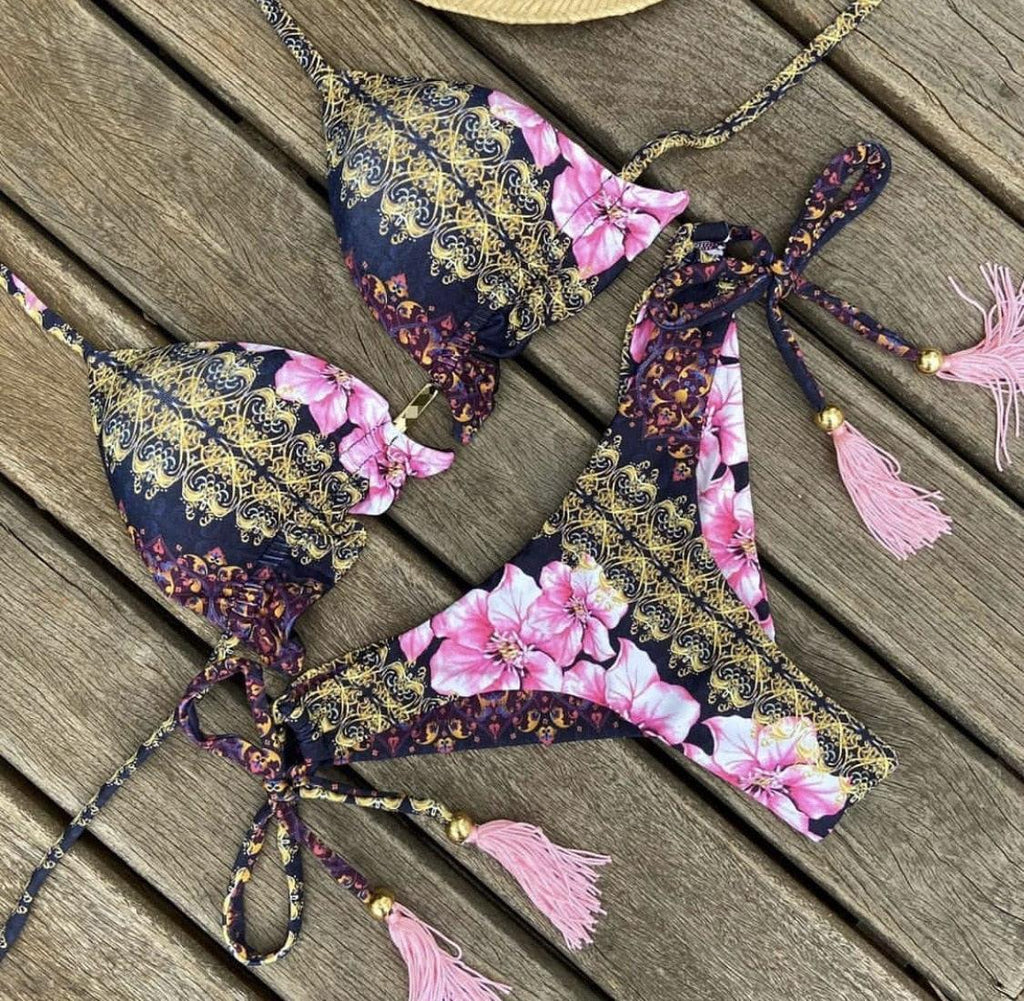 Maillot de bain deux pièces populaire pour femme - ensemble bikini push-up rembourré - ensemble bikini floral - maillot de bain deux pièces à volants taille basse - maillot de bain push-up