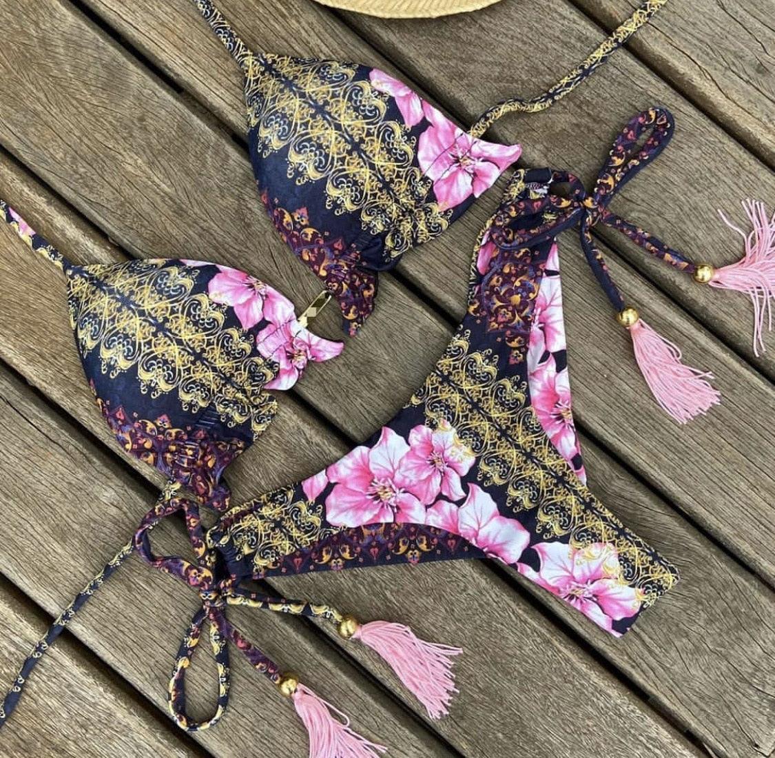 Maillot de bain deux pièces populaire pour femme - ensemble bikini push-up rembourré - ensemble bikini floral - maillot de bain deux pièces à volants taille basse - maillot de bain push-up