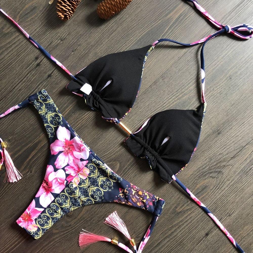 Maillot de bain deux pièces populaire pour femme - ensemble bikini push-up rembourré - ensemble bikini floral - maillot de bain deux pièces à volants taille basse - maillot de bain push-up
