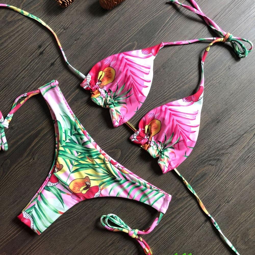 Maillot de bain deux pièces populaire pour femme - ensemble bikini push-up rembourré - ensemble bikini floral - maillot de bain deux pièces à volants taille basse - maillot de bain push-up
