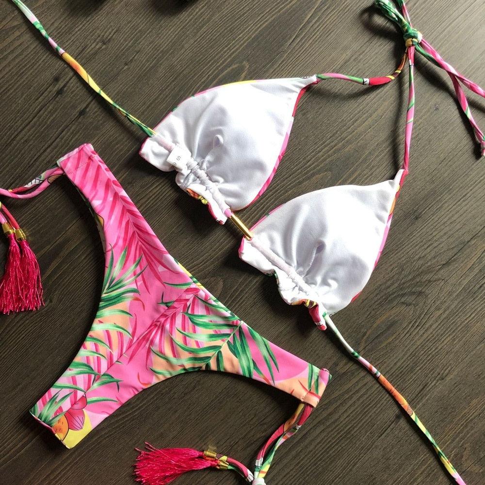 Maillot de bain deux pièces populaire pour femme - ensemble bikini push-up rembourré - ensemble bikini floral - maillot de bain deux pièces à volants taille basse - maillot de bain push-up