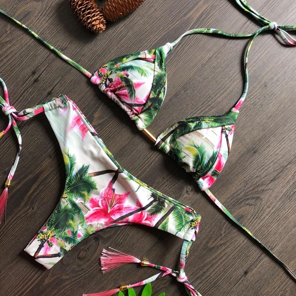 Maillot de bain deux pièces populaire pour femme - ensemble bikini push-up rembourré - ensemble bikini floral - maillot de bain deux pièces à volants taille basse - maillot de bain push-up