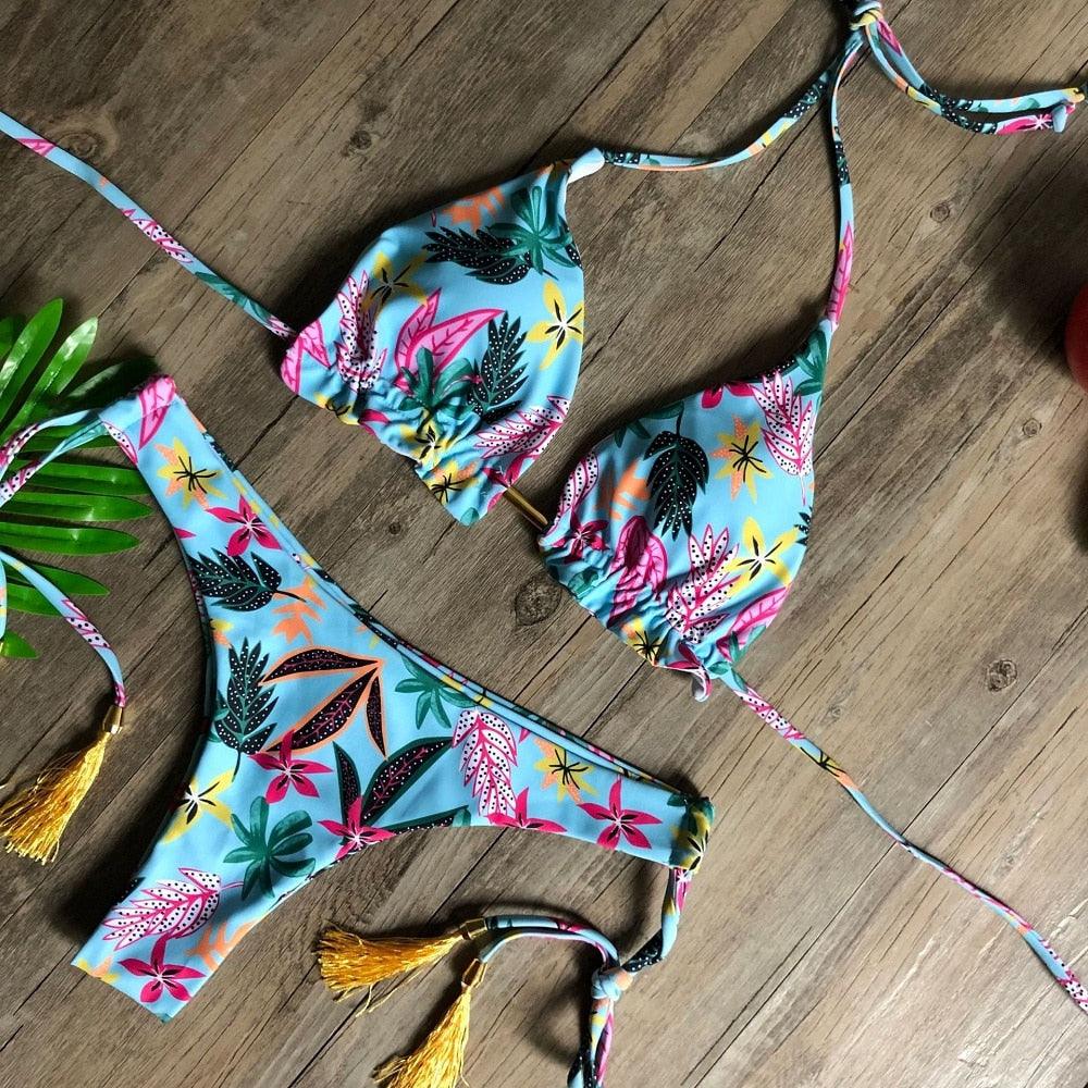 Maillot de bain deux pièces populaire pour femme - ensemble bikini push-up rembourré - ensemble bikini floral - maillot de bain deux pièces à volants taille basse - maillot de bain push-up