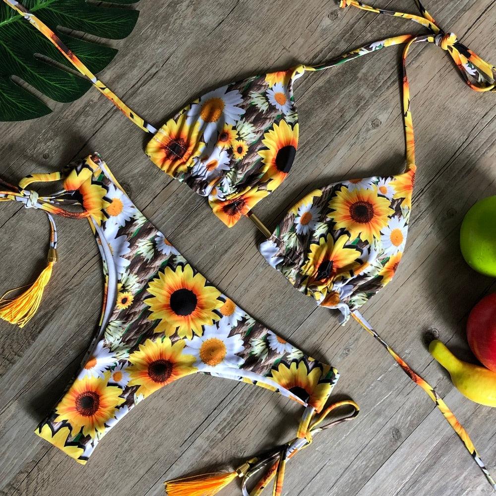 Maillot de bain deux pièces populaire pour femme - ensemble bikini push-up rembourré - ensemble bikini floral - maillot de bain deux pièces à volants taille basse - maillot de bain push-up