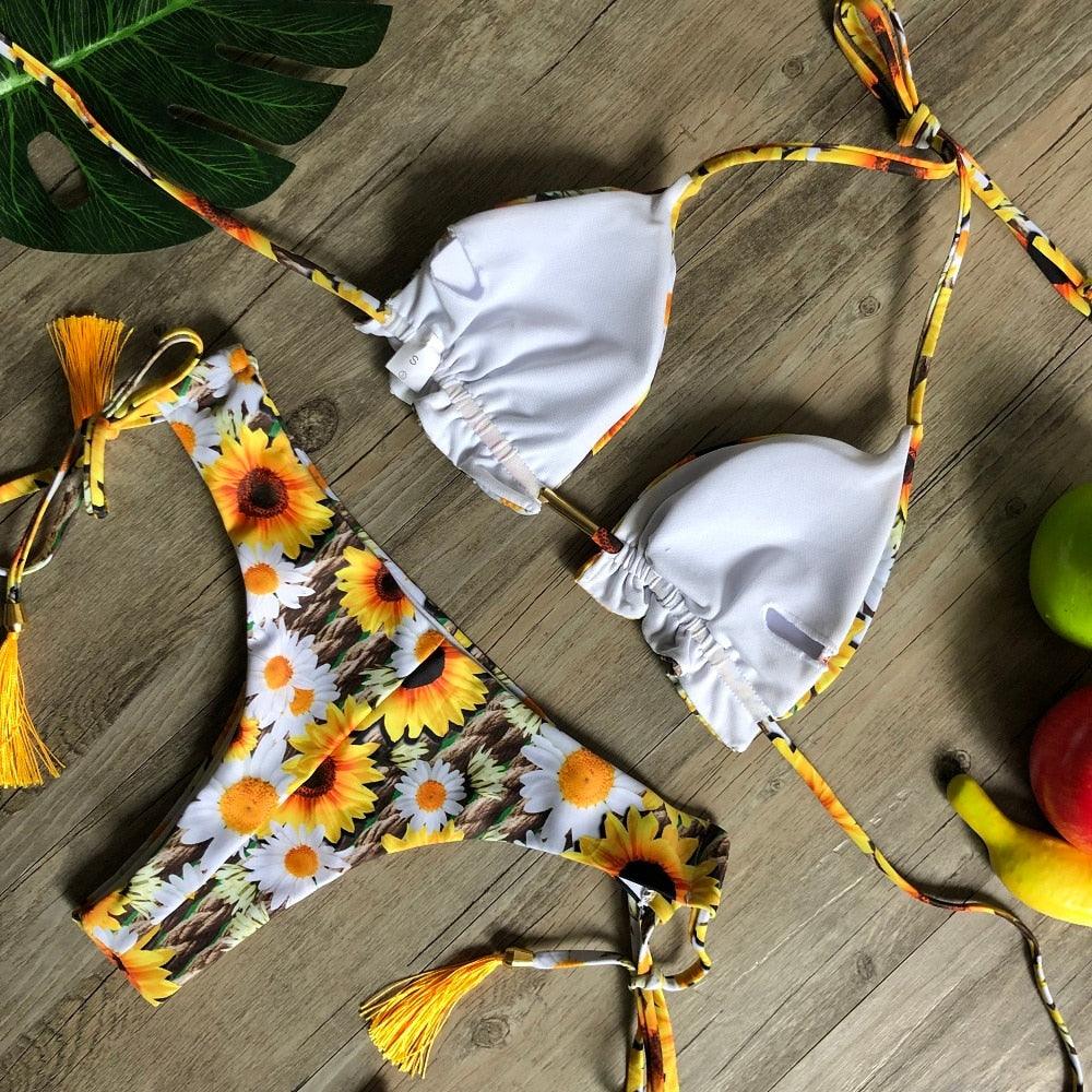 Maillot de bain deux pièces populaire pour femme - ensemble bikini push-up rembourré - ensemble bikini floral - maillot de bain deux pièces à volants taille basse - maillot de bain push-up