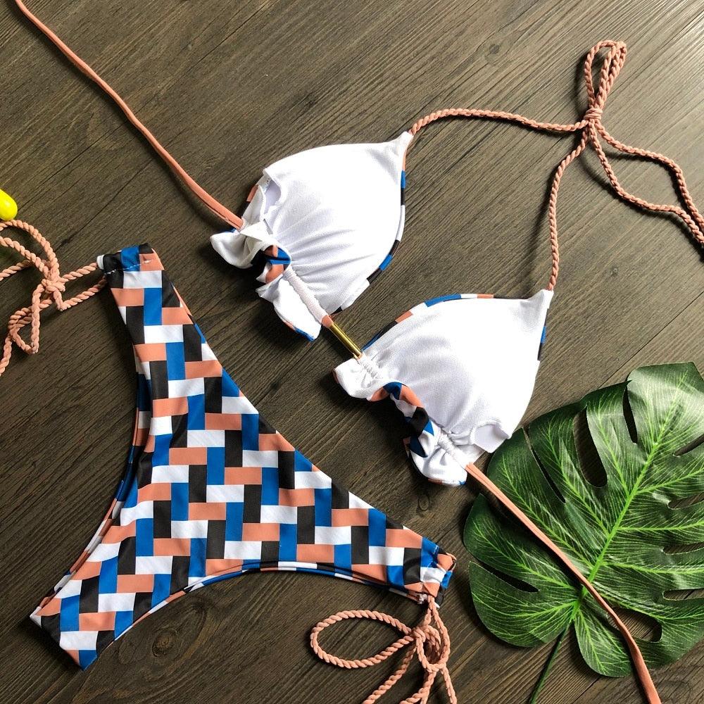 Maillot de bain deux pièces populaire pour femme - ensemble bikini push-up rembourré - ensemble bikini floral - maillot de bain deux pièces à volants taille basse - maillot de bain push-up