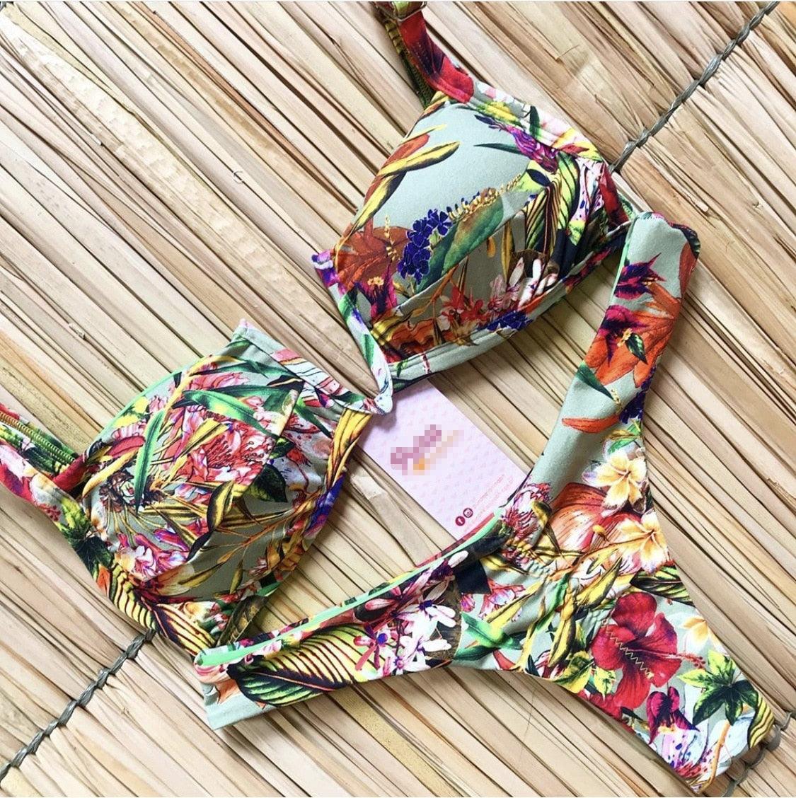 Maillot de bain deux pièces populaire pour femme - ensemble bikini push-up rembourré - ensemble bikini floral - maillot de bain deux pièces à volants taille basse - maillot de bain push-up