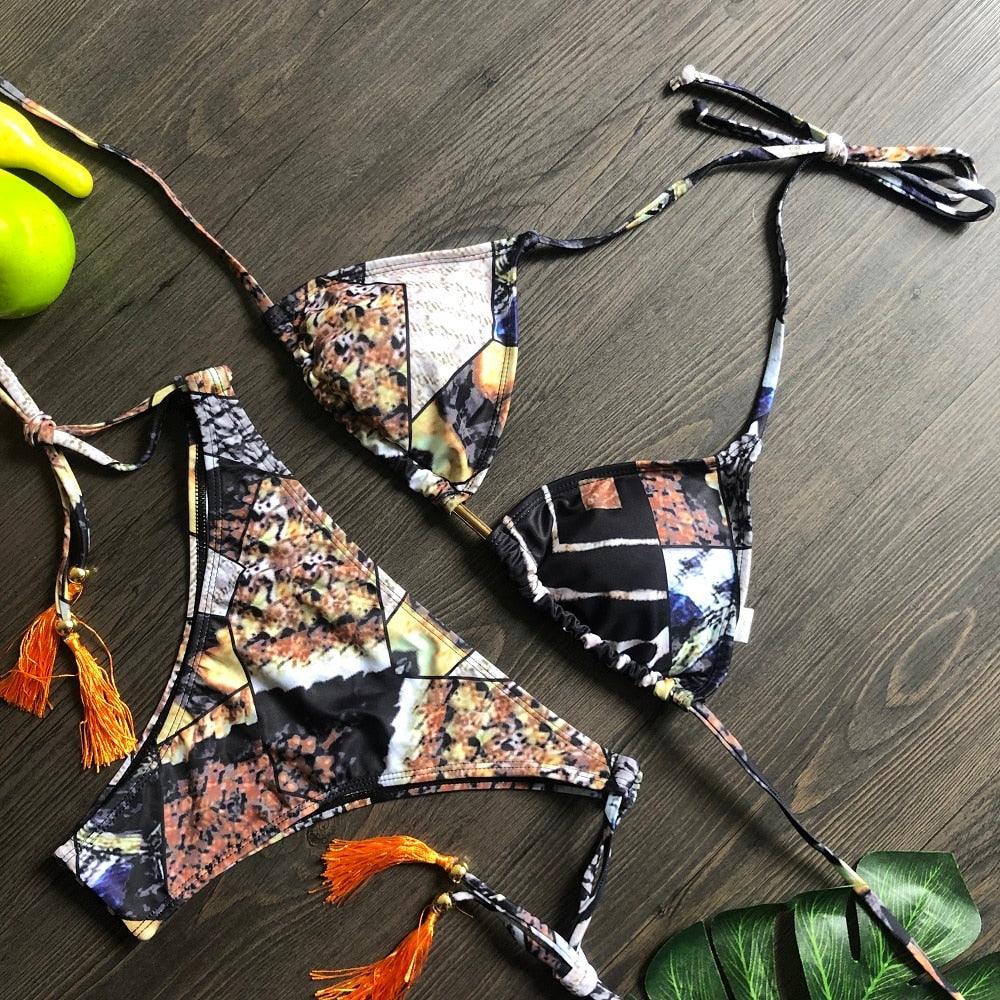 Maillot de bain deux pièces populaire pour femme - ensemble bikini push-up rembourré - ensemble bikini floral - maillot de bain deux pièces à volants taille basse - maillot de bain push-up