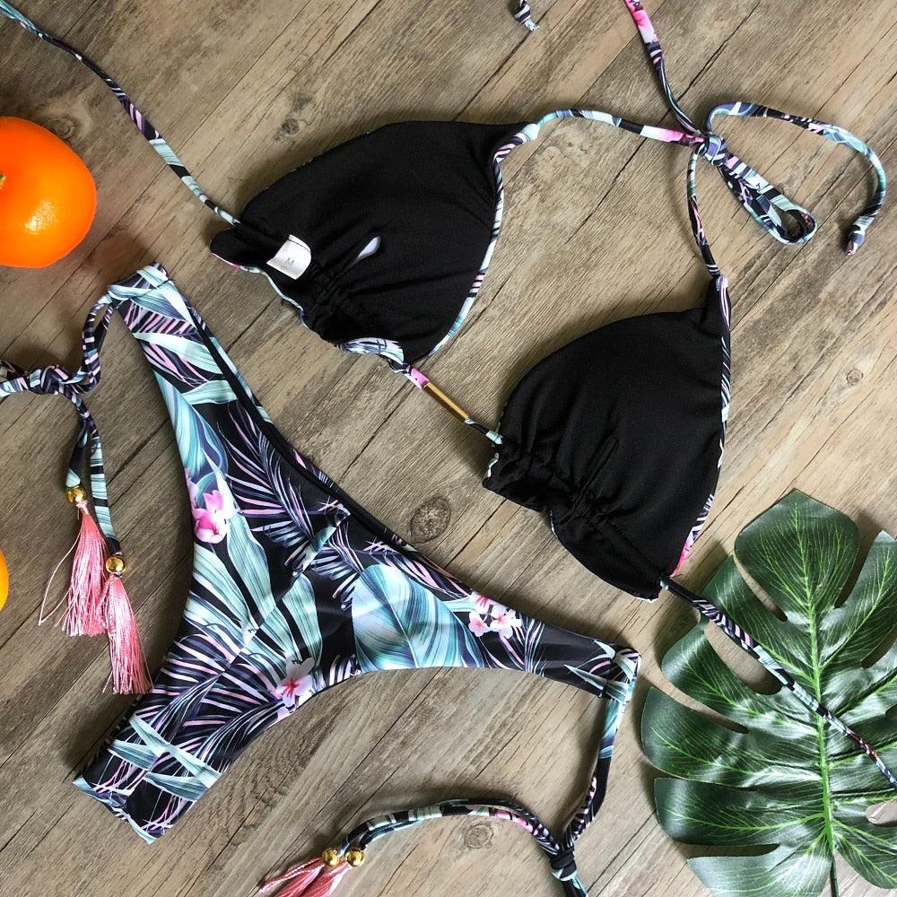 Maillot de bain deux pièces populaire pour femme - ensemble bikini push-up rembourré - ensemble bikini floral - maillot de bain deux pièces à volants taille basse - maillot de bain push-up