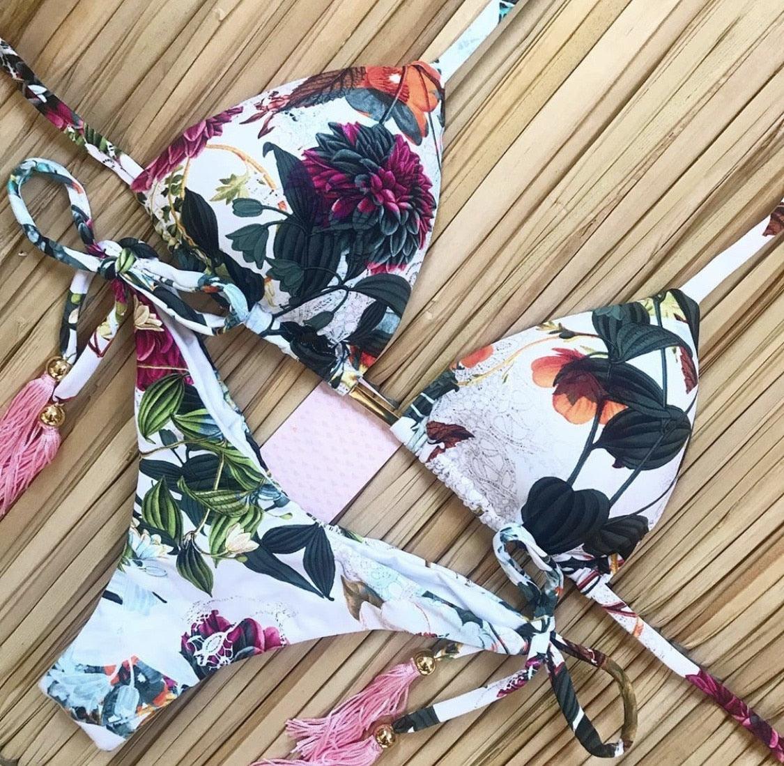 Maillot de bain deux pièces populaire pour femme - ensemble bikini push-up rembourré - ensemble bikini floral - maillot de bain deux pièces à volants taille basse - maillot de bain push-up