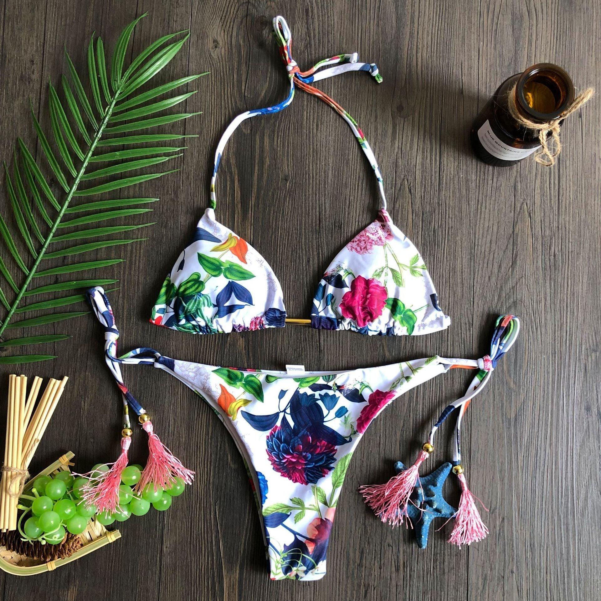 Maillot de bain deux pièces populaire pour femme - ensemble bikini push-up rembourré - ensemble bikini floral - maillot de bain deux pièces à volants taille basse - maillot de bain push-up