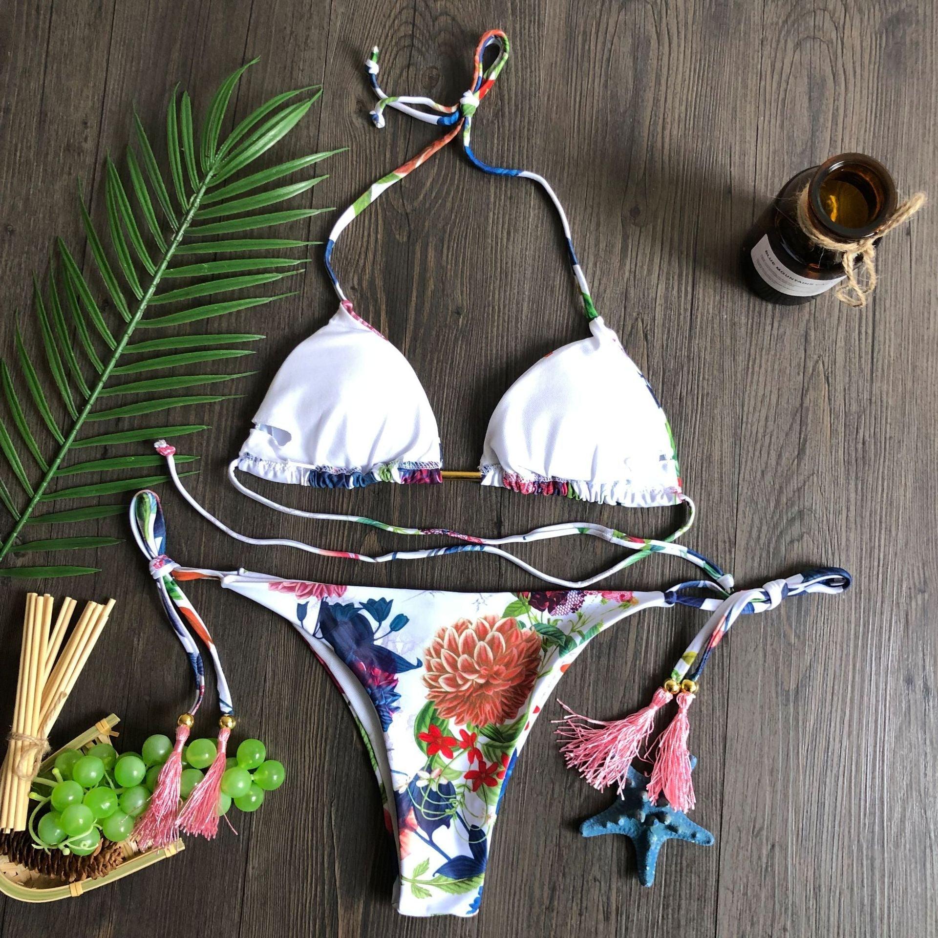 Maillot de bain deux pièces populaire pour femme - ensemble bikini push-up rembourré - ensemble bikini floral - maillot de bain deux pièces à volants taille basse - maillot de bain push-up
